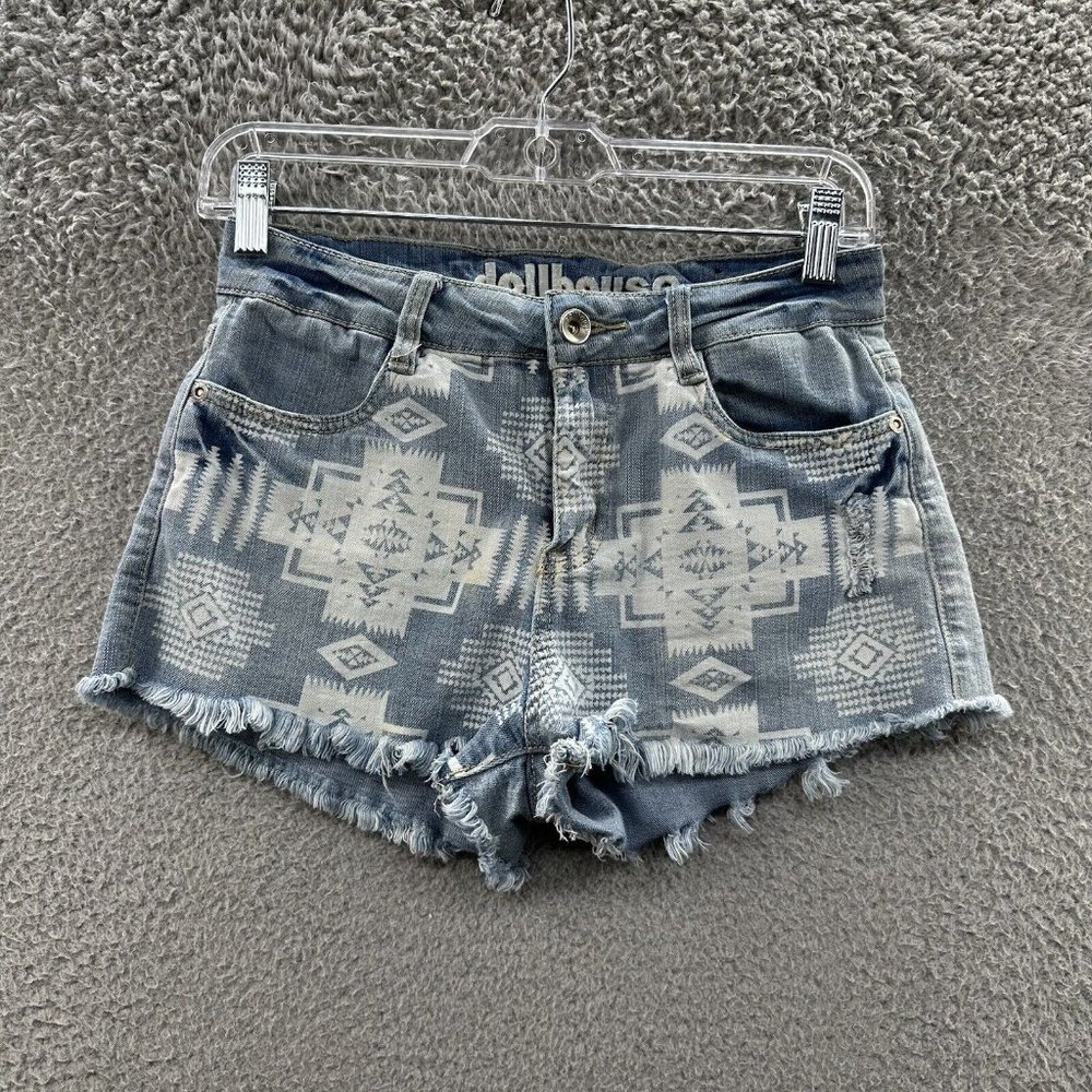 Dollhouse Shorts Junior's‎ 2 Blue Denim Aztec Bleach Print Distressed Shorts